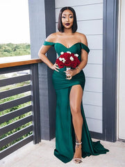 Green Mermaid Bridesmaid Dress Satin Wedding Guest Dress with Slit