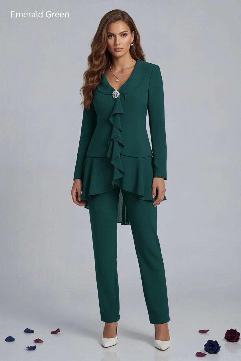 Dreamyannie Navy V Neck Ruffled Chiffon 2 Piece Mother Of The Bride Pant Suits With Sleeves