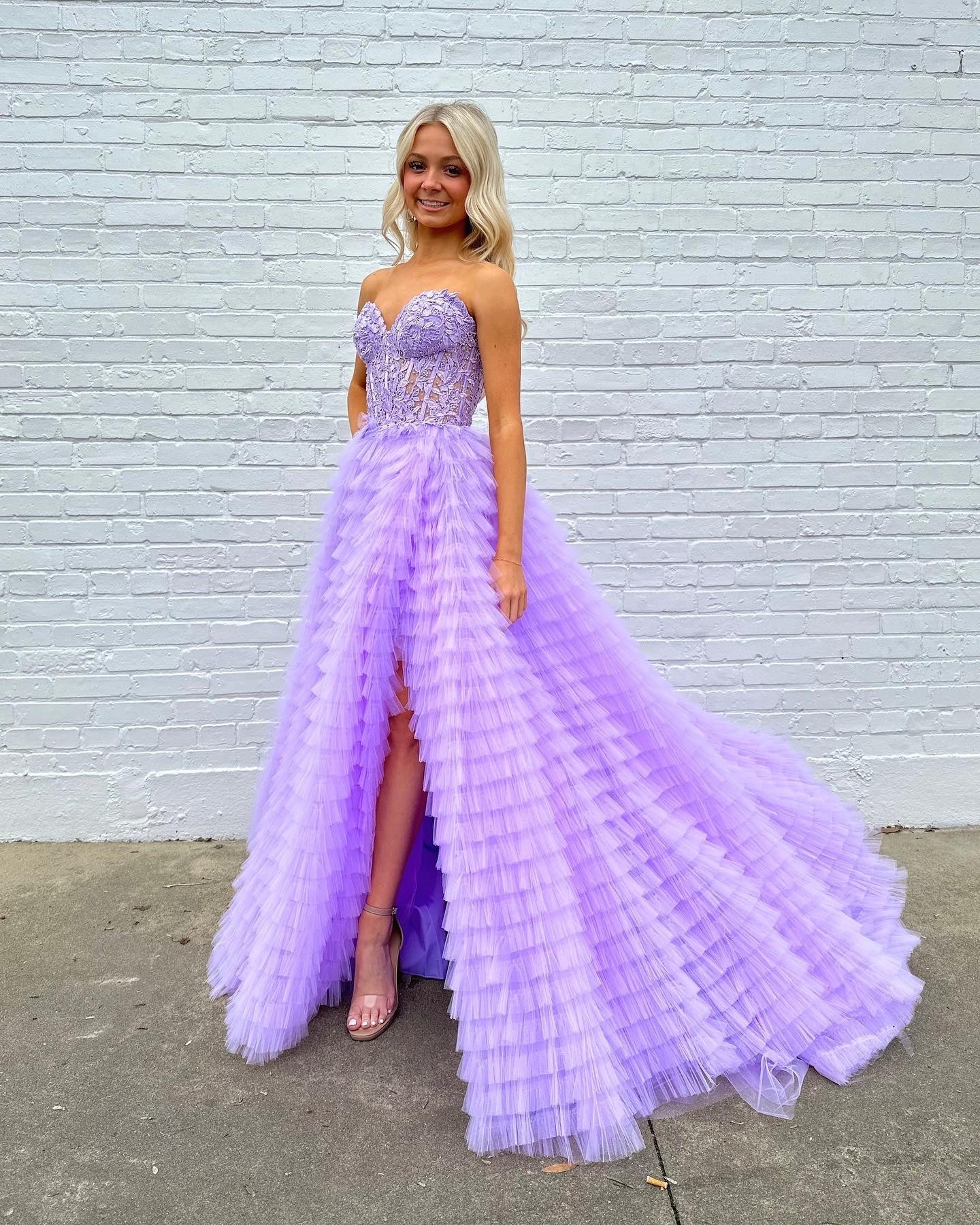 Lilac A Line Tiered Sweetheart Long Corset Prom Dress with Ruffles