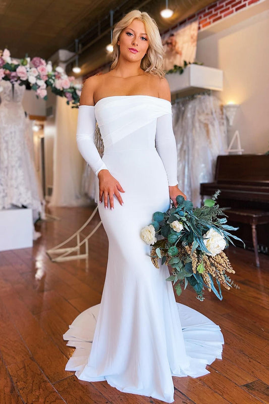 Effortlessly Simple White Boho Mermaid Long Wedding Dress with Sleeves