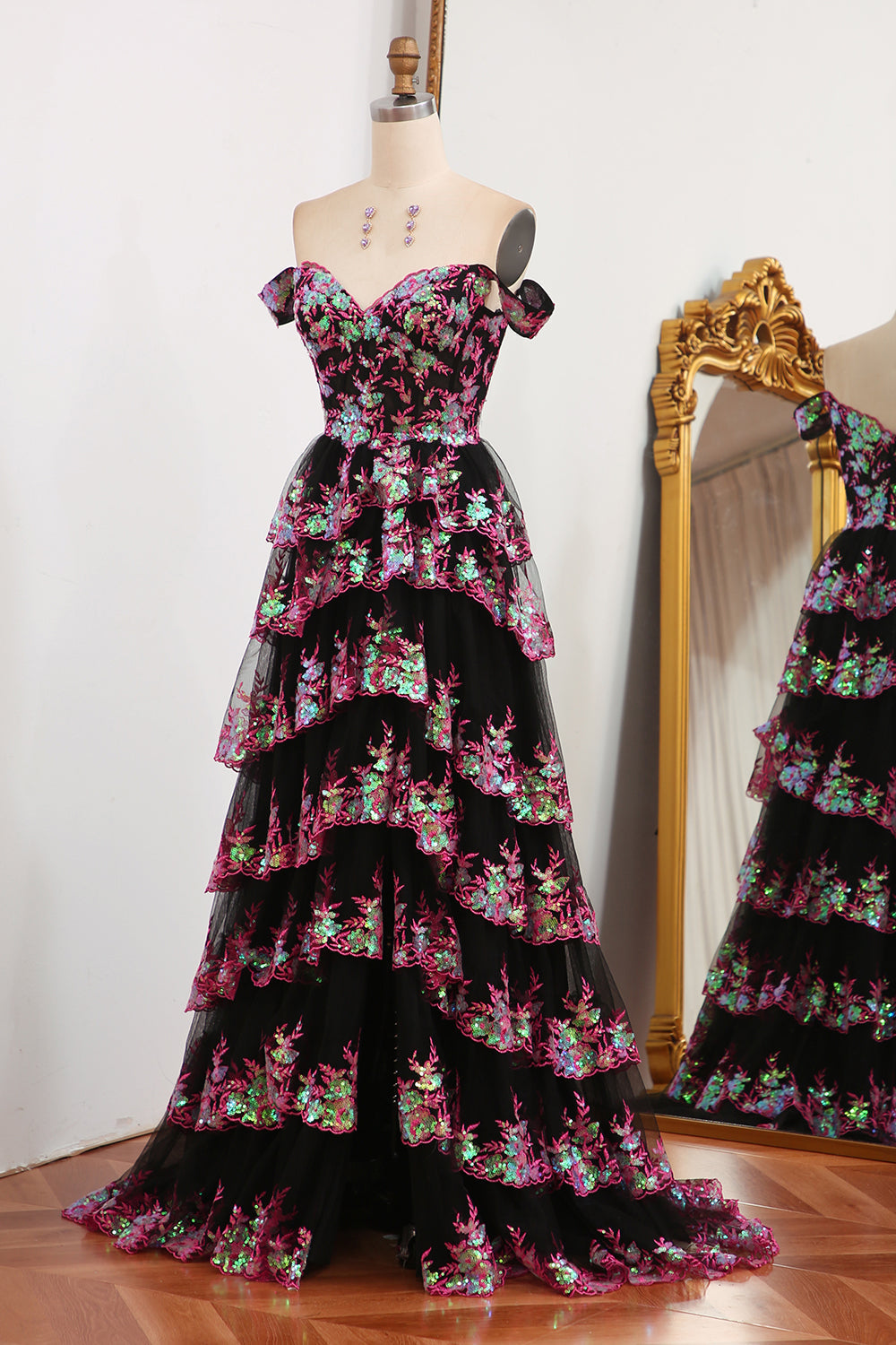 Sparkly Black Pink Tiered A-Line Long Prom Dress with Lace