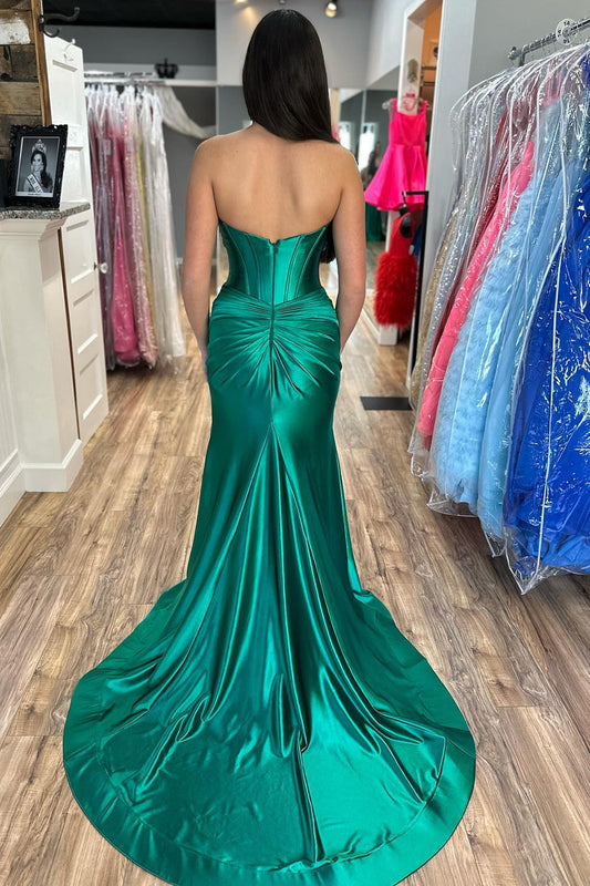 Dark Green Mermaid Sweetheart Long Satin Prom Dress with Slit