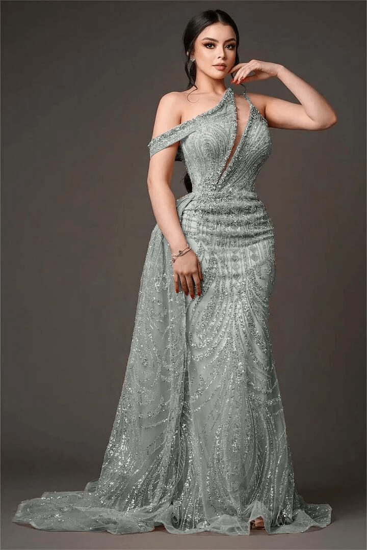 Champagne Mermaid Prom Dress Asymmetric Neck Beaded Evening Dress