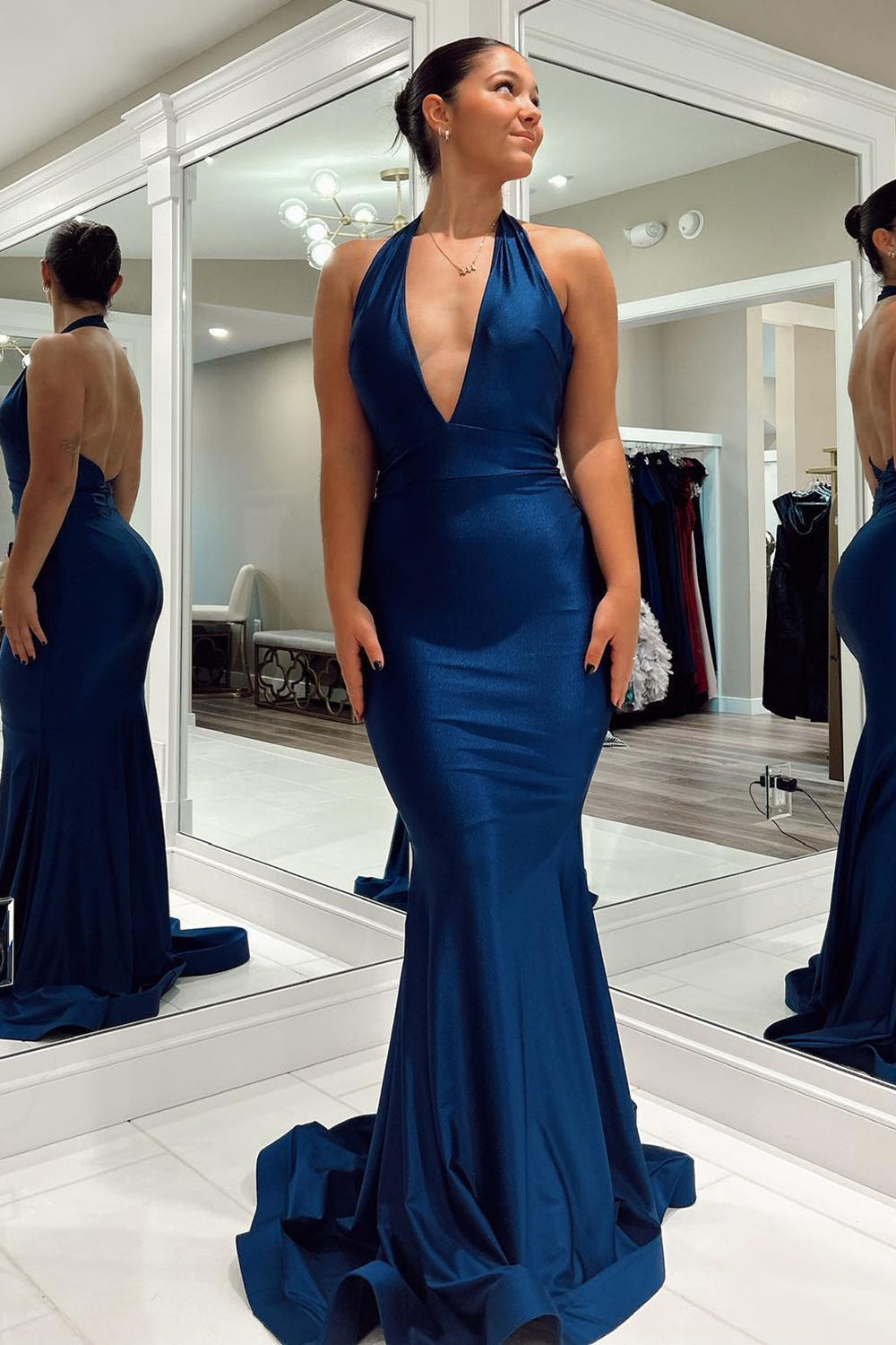 Dark Blue Mermaid Backless Long Prom Dress