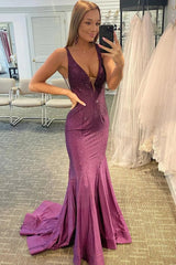 Mermaid Deep V Neck Royal Blue Long Prom Dress with Beading