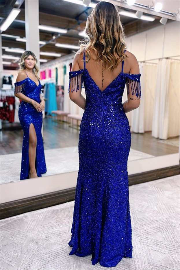 Royal Blue Spaghetti Strap Evening Dress with Tassel and Slit