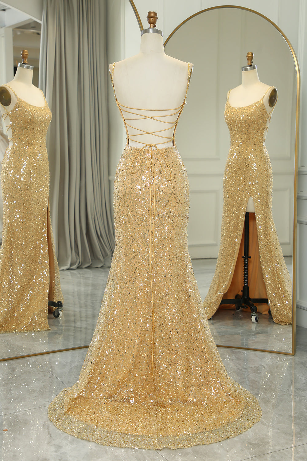 Sparkly Golden Mermaid Backless Long Prom Dress With Slit