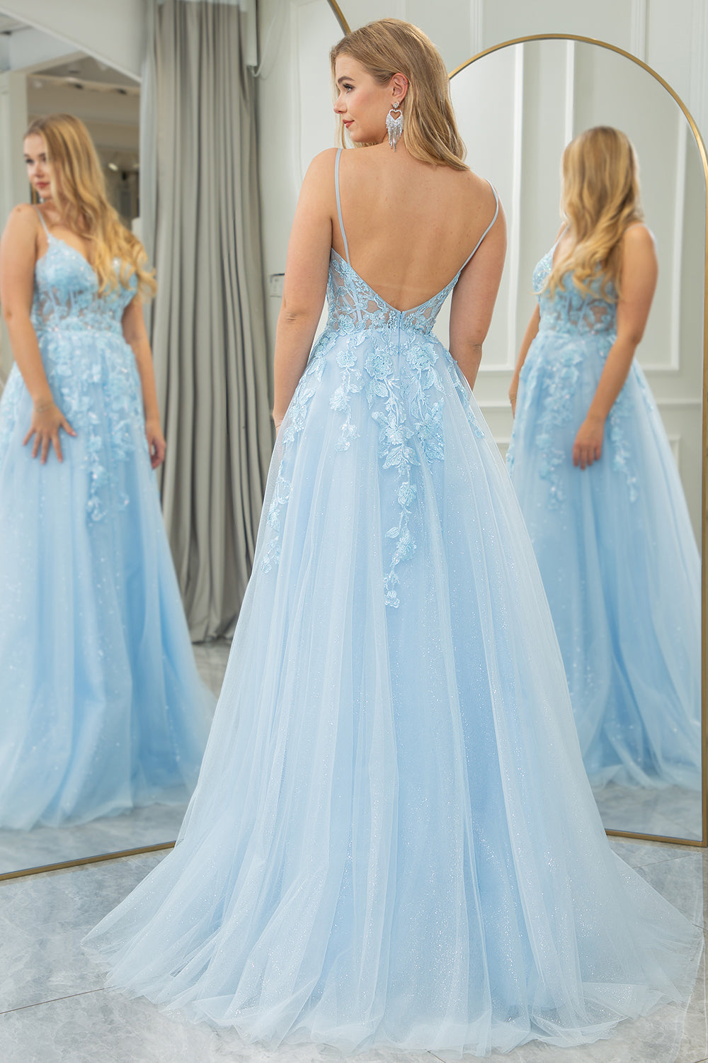 Light Blue A Line Tulle Backless Long Corset Prom Dress With Appliques