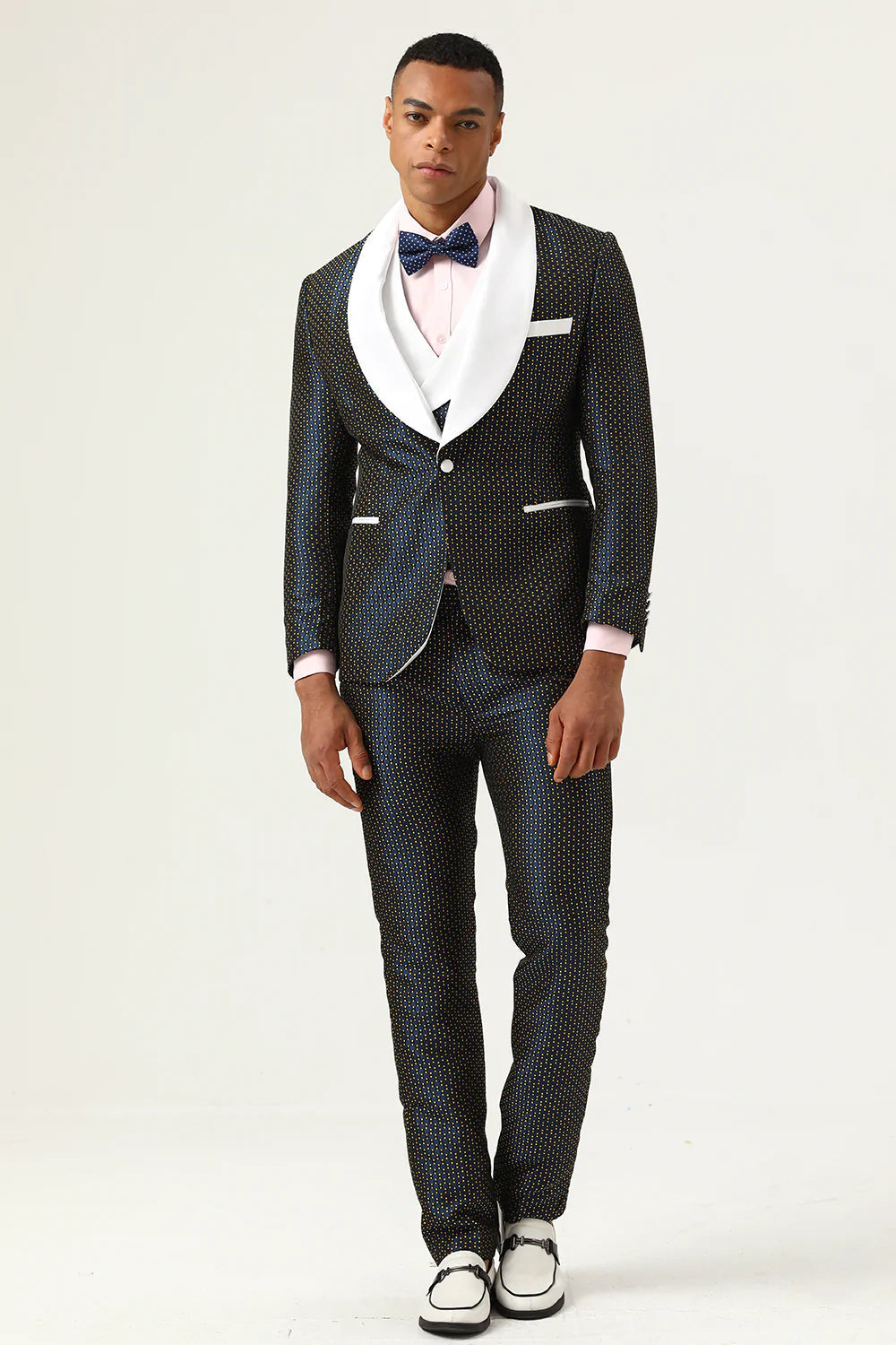 Navy Polka Dot Shawl Lapel 3-Piece Men's Prom Suit