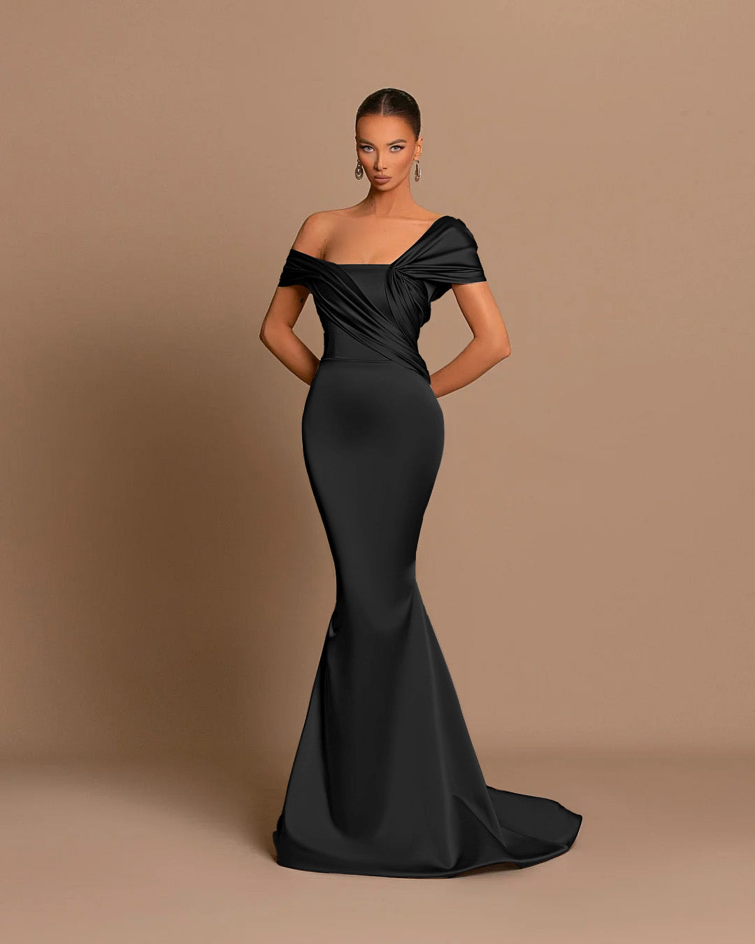 Grey Off-The-Shoulder Bateau Pleated Ball Gown Evening Dress