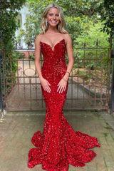 Fuchsia Sweetheart Neck Sequined Mermaid Prom Dress With Sweep Train