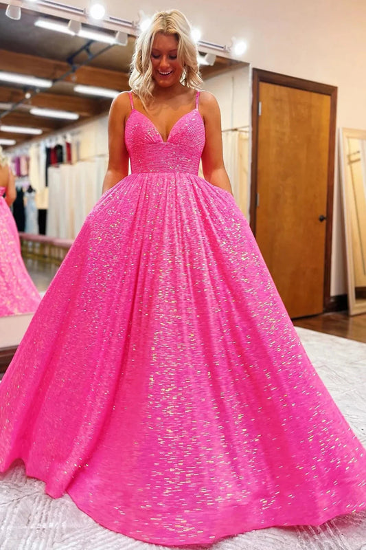 Sparkly Hot Pink Sequins A-Line Long Prom Dress