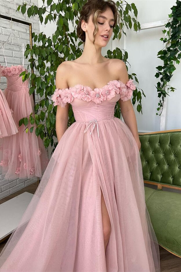 Dusty Pink Off-The-Shoulder A-Line Evening Dress with Strapless Slit and Tulle Appliques