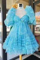 Blue A-Line Sweetheart Puff Sleeve Floral Short Homecoming Dress with Ruffles