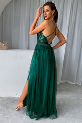 Green V-neck Sequin Party Dress