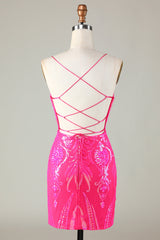 Stylish Hot Pink Bodycon Spaghetti Strap Short Homecoming Dress with Criss-Cross Back