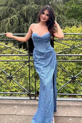 Glitter Grey Blue Sequin Corset Long Prom Dress with Slit