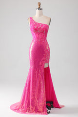 Sparkly Fuchsia Mermaid One Shoulder Long Corset Prom Dress With Slit