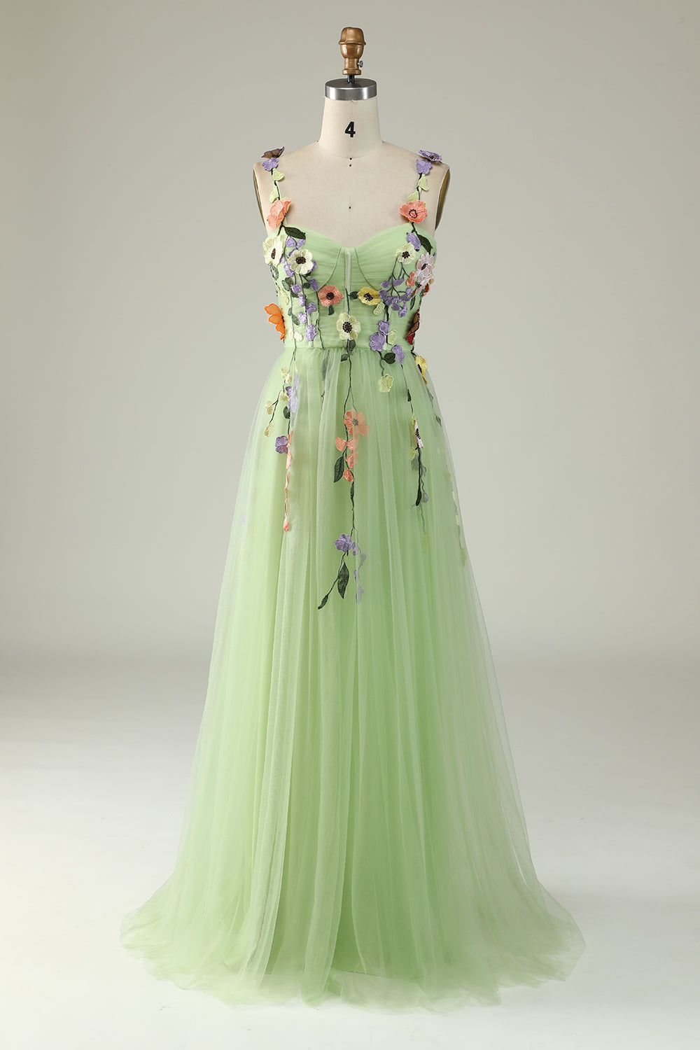 Green Spaghetti Straps Prom Dress With 3D Flowers