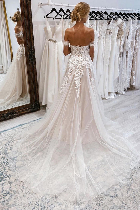 A-Line Ivory Off-the-Shoulder Long Wedding Dress with Lace