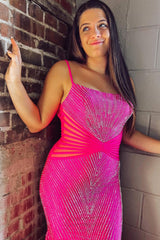 Sparkly Hot Pink Beaded Long Mermaid Backless Prom Dress