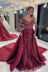 Elegant Rose Long Sleeve Mermaid Evening Dress with Applique Sequins