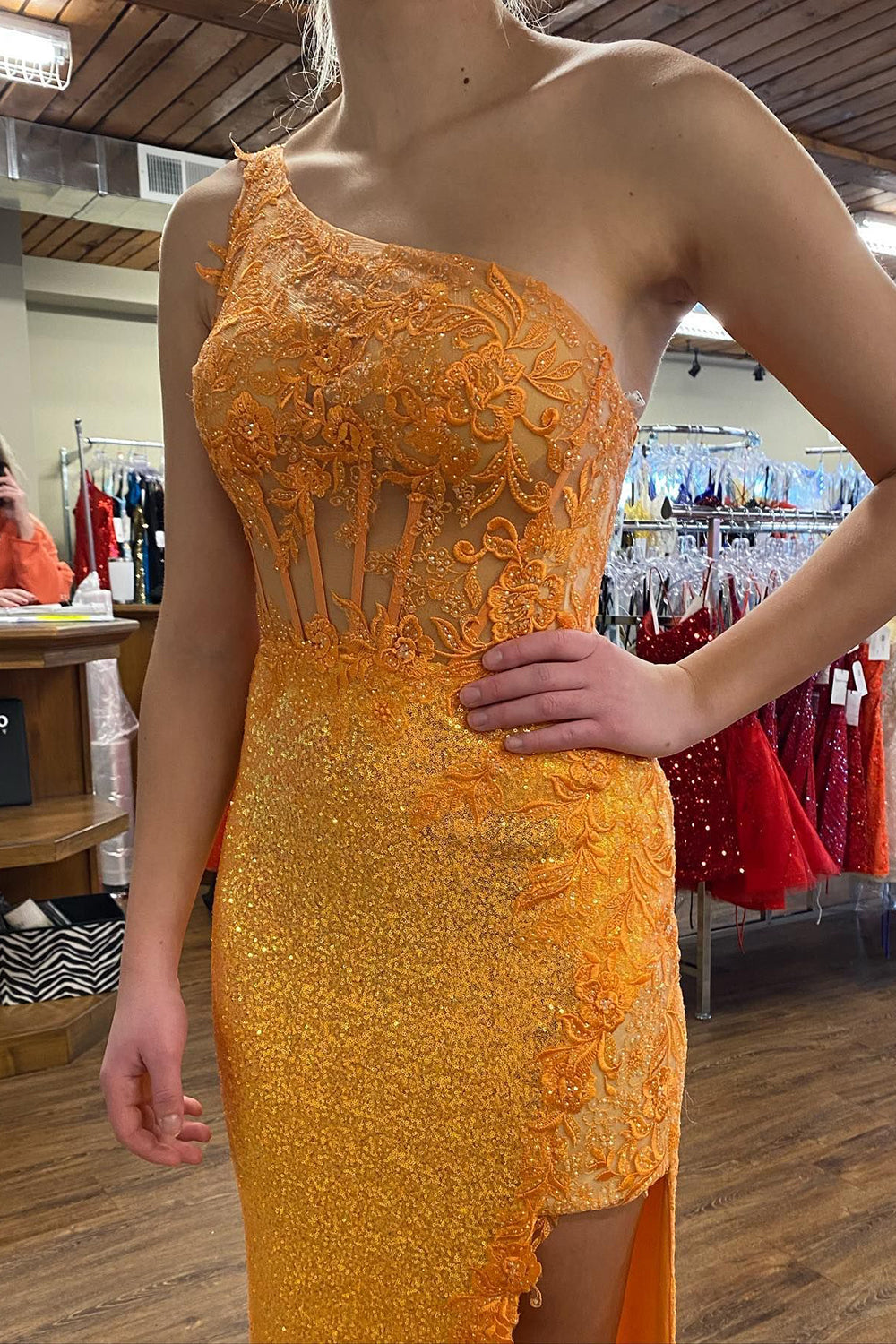 Sparkly Orange Corset One Shoulder Long Prom Dress with Deatchable Train