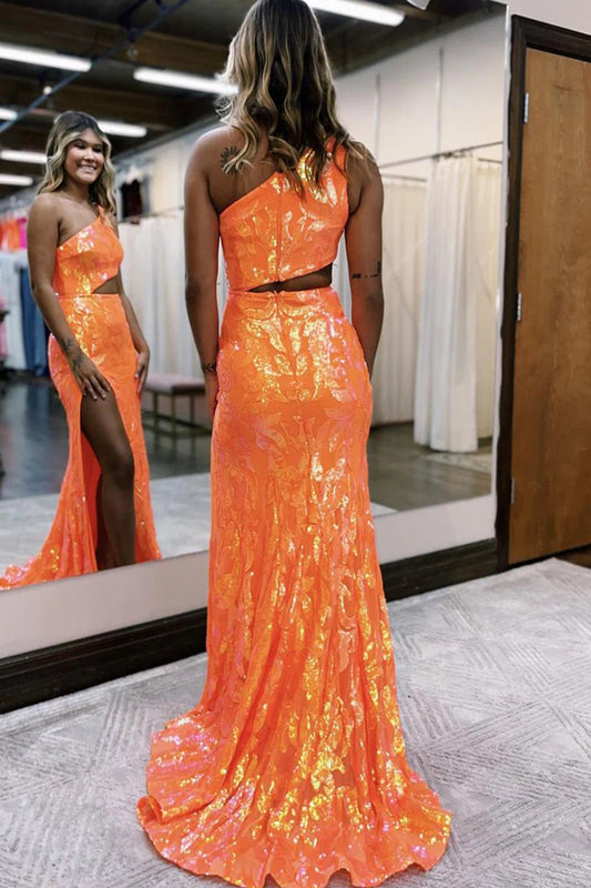 Sparkly Orange Sequin One Shoulder Long Prom Dress with Slit