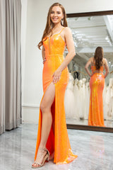 Glitter Orange Mermaid Long Prom Dress With Slit