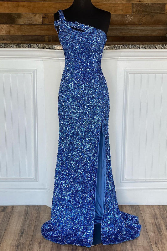 Blue Evening Dress One Shoulder Mermaid Sequin Prom Dress