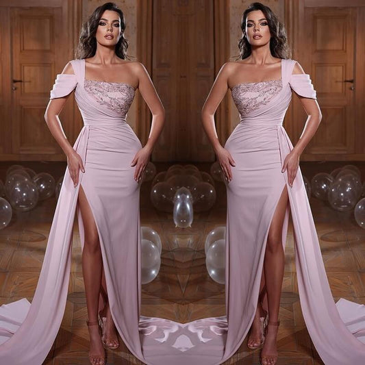 Glamorous One Shoulder Mermaid Evening Dress with Sequins Ruffles and Slit