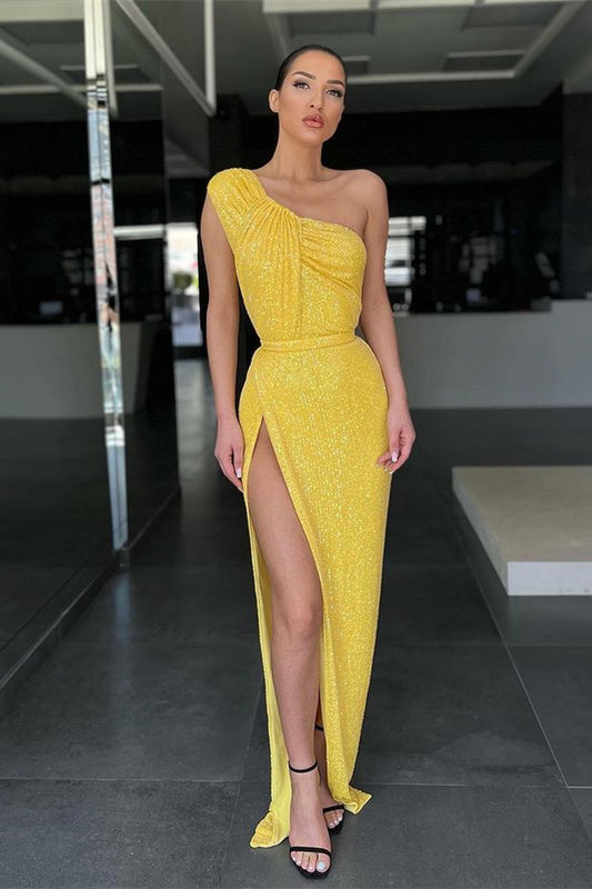 Yellow One-Shoulder Mermaid Evening Dress with Sequins and Split