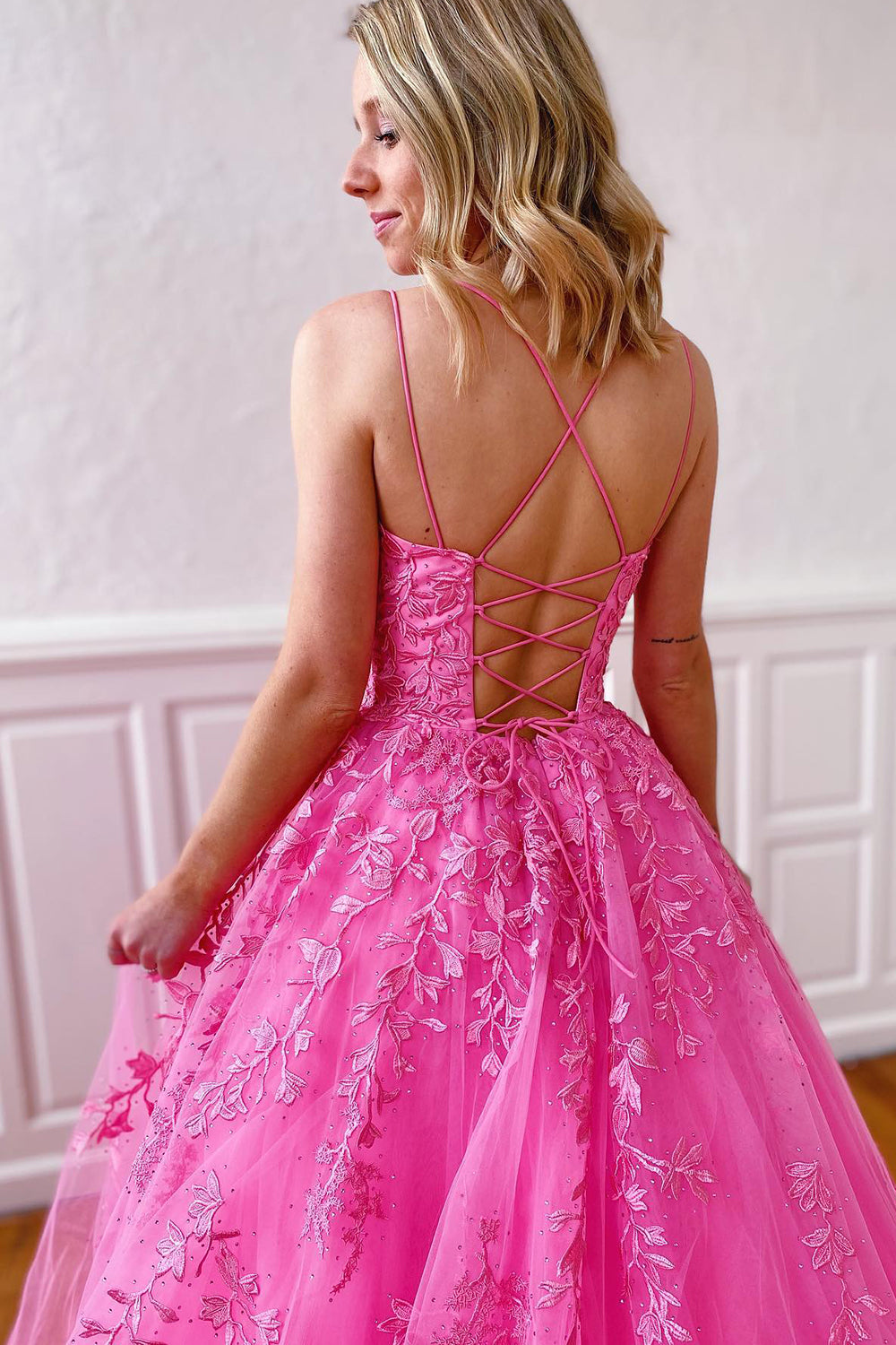 Princess Champagne Spaghetti Straps Prom Dress