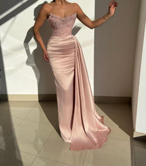 Fabulous Pink Strapless Sequined Satin Prom Dress With Ruffles