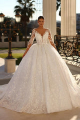 Ivory Ball Gown Wedding Dress Long Sleeves Lace Bridal Dress with Sweep Train