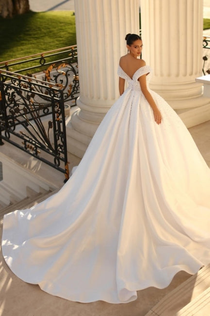 Ivory Wedding Dress Off the Shoulder Ball Gown Sequined Bridal Dress with Sweep Train