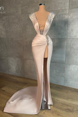 Fashion Long V Neck Split Front Mermaid Prom Dress With Rhinestones