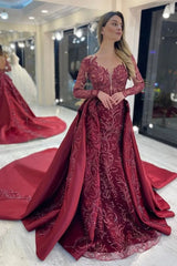 Elegant Rose Long Sleeve Mermaid Evening Dress with Applique Sequins