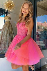 Fuchsia Orange Graduation Dress Tulle Spaghetti Straps Party Dress with Appliques