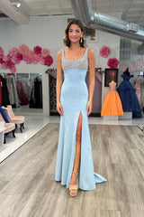 Sparkly Light Blue Long Beaded Sheath Prom Dress with Slit