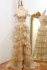 Glitter Golden A-Line Tiered Long Prom Dress with Lace