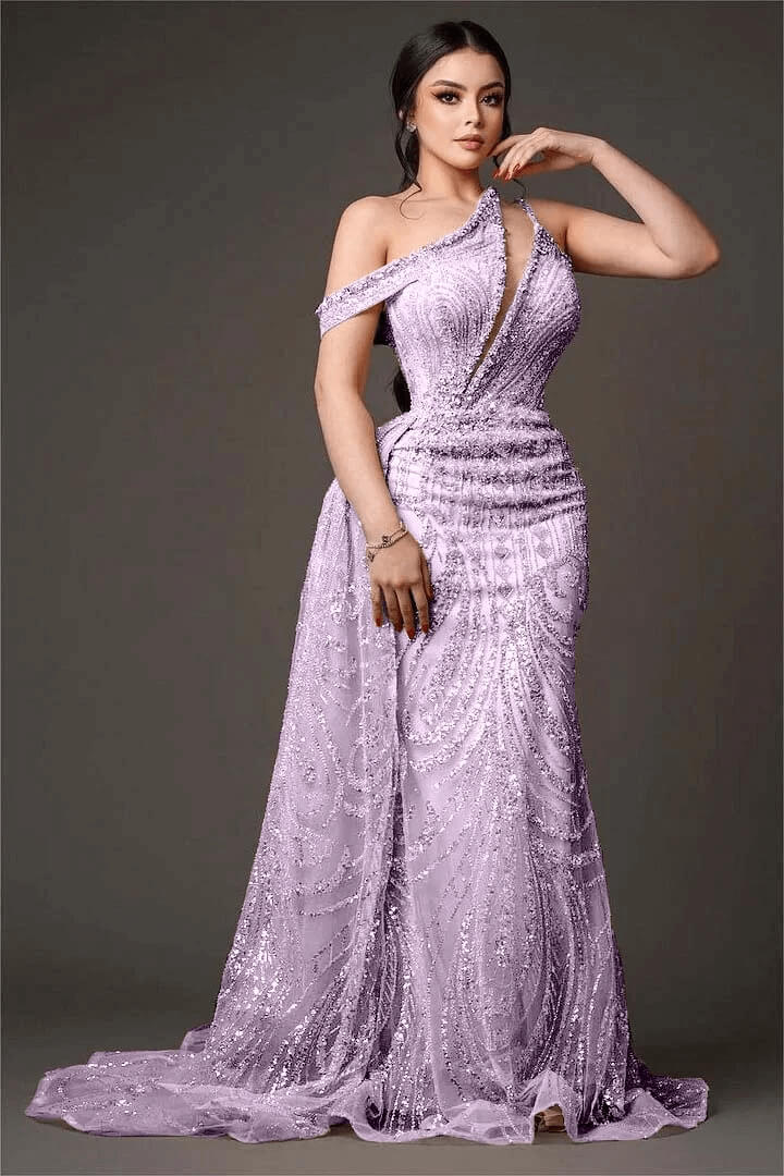 Champagne Mermaid Prom Dress Asymmetric Neck Beaded Evening Dress