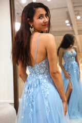 Light Blue A Line Tulle Long Corset Prom Dress With Slit