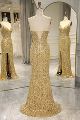 Sparkly Golden Mermaid Backless Long Prom Dress With Slit