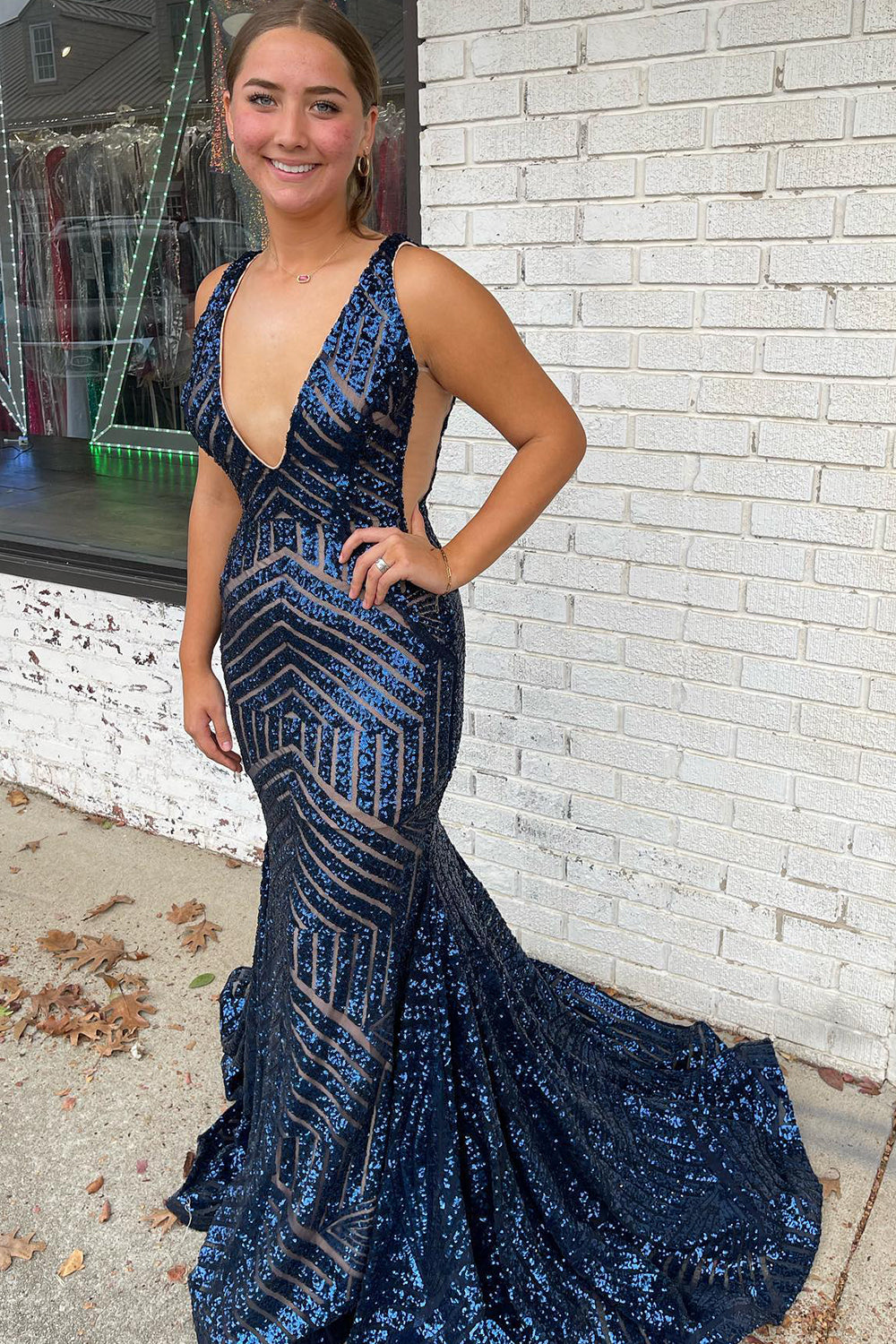 Sparkly Blue Mermaid Deep V Neck Long Prom Dress with Sequins