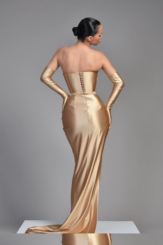 Champagne Half Sleeves Off-the-Shoulder Evening Dress with Pleated Slit