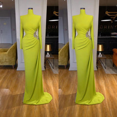 Ginger Yellow High Neck Long Sleeves Metallic Beaded Mermaid Prom Dress