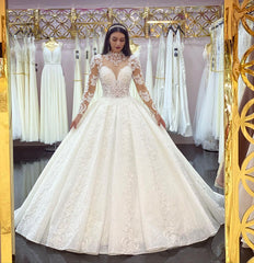 Ivory Long Sleeves Wedding Dress Lace Appliques Ball Gown Bridal Dress