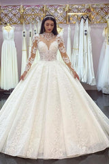 Ivory Long Sleeves Wedding Dress Lace Appliques Ball Gown Bridal Dress