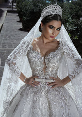 Glamorous Long Sleeves Tulle Appliques Wedding Dress Bridal Ball Gowns